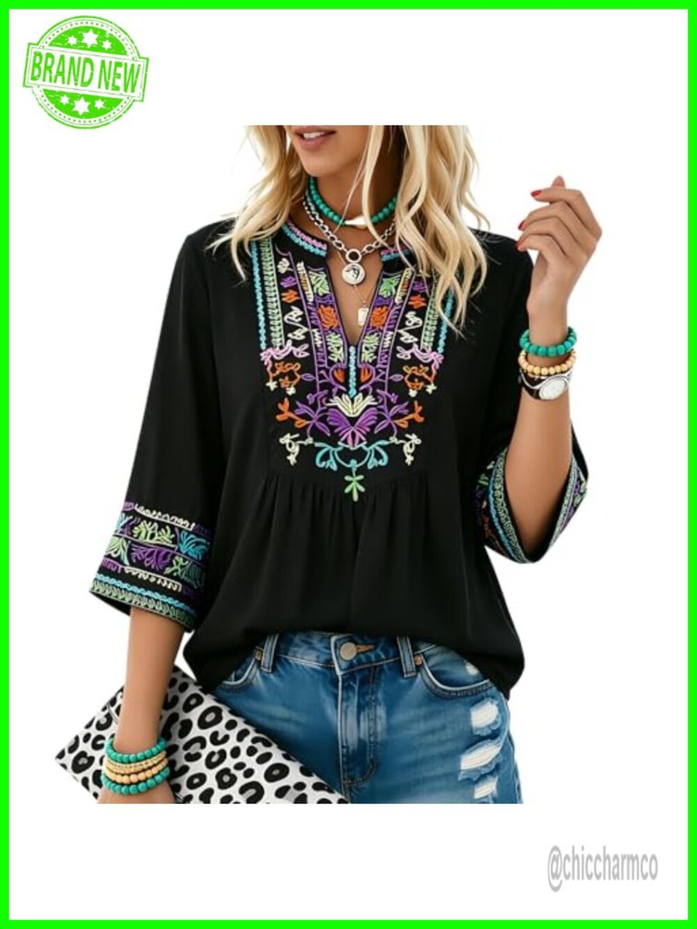 Mexican Embroidered Peasant Tunic Top 3/4 Sleeve Floral Boho Blouse